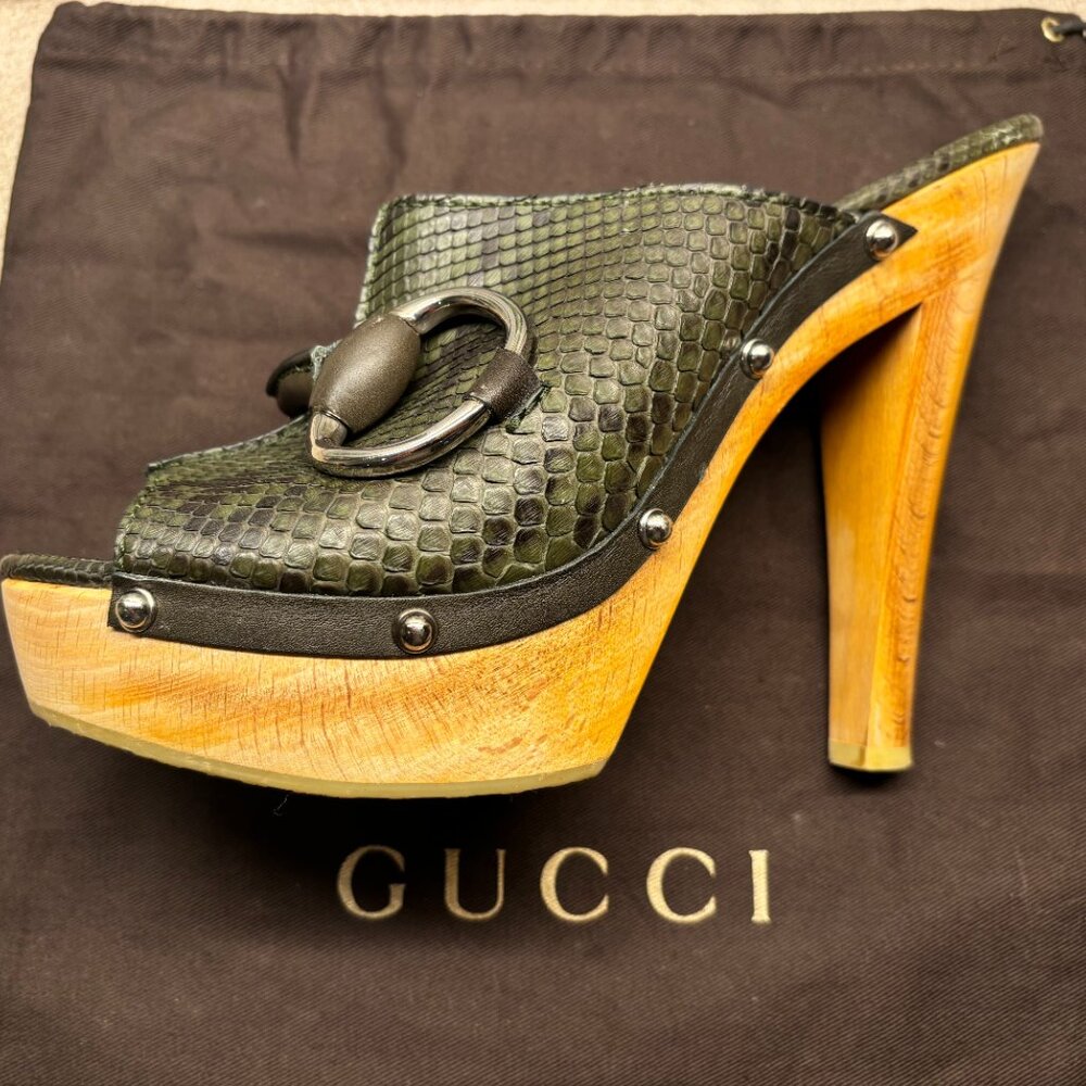 Gucci Mule Platforms in Python Snakeskin Green Le… - image 8